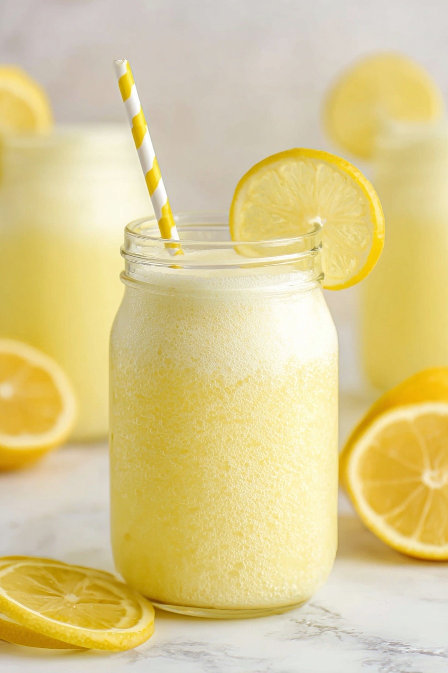 The image shows a close-up of a light yellow lemonade drink in a clear glass jar filled nearly to the top with a frothy texture on the surface. A yellow and white striped paper straw is placed inside the jar, leaning slightly to the right. A thin lemon slice, bright yellow with visible lemon segments, is placed on the rim of the jar behind the straw. In the background, there are two more jars filled with the same lemonade, slightly blurred, and a few lemon slices lying flat on a white marbled surface. The overall scene is bright with soft natural lighting. photo taken with an iphone --ar 2:3 --v 7