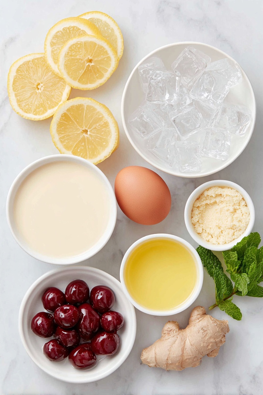 Flat lay of a small white ceramic bowl of golden pure honey, a small white ceramic bowl of warm clear water, a neat pile of clear ice cubes, a tall glass filled with chilled creamy light coconut milk, a small white ceramic bowl of bright yellow fresh lemon juice, a few thin strips of vibrant yellow lemon zest, a small white ceramic bowl of pale beige ground ginger, one whole uncracked brown egg (to symbolize natural freshness), a few fresh lemon slices arranged neatly, a small bunch of fresh green mint sprigs, and a small white ceramic bowl with three glossy red maraschino cherries placed symmetrically, all arranged with perfect balance and symmetry, placed on a clean white marble surface, soft natural light, photo taken with an iPhone, professional food photography style, fresh ingredients, white ceramic bowls, no bottles, no duplicates, no utensils, no packaging --ar 2:3 --v 7 --p m7354615311229779997