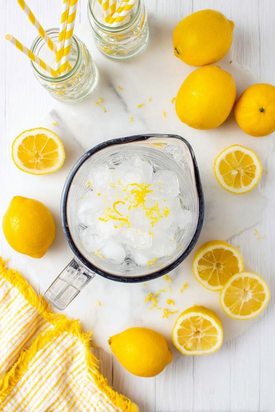 A clear glass blender jar filled with ice cubes sprinkled with yellow lemon zest sits at the center on a white marbled surface. Around the blender are whole bright yellow lemons, some sliced in halves and thin circular pieces, arranged casually on the surface and on a yellow and white striped cloth in the lower left corner. To the upper left, there are three clear glass jars with yellow and white striped paper straws inside. The whole scene is brightly lit with fresh colors and a clean, crisp look. photo taken with an iphone --ar 2:3 --v 7