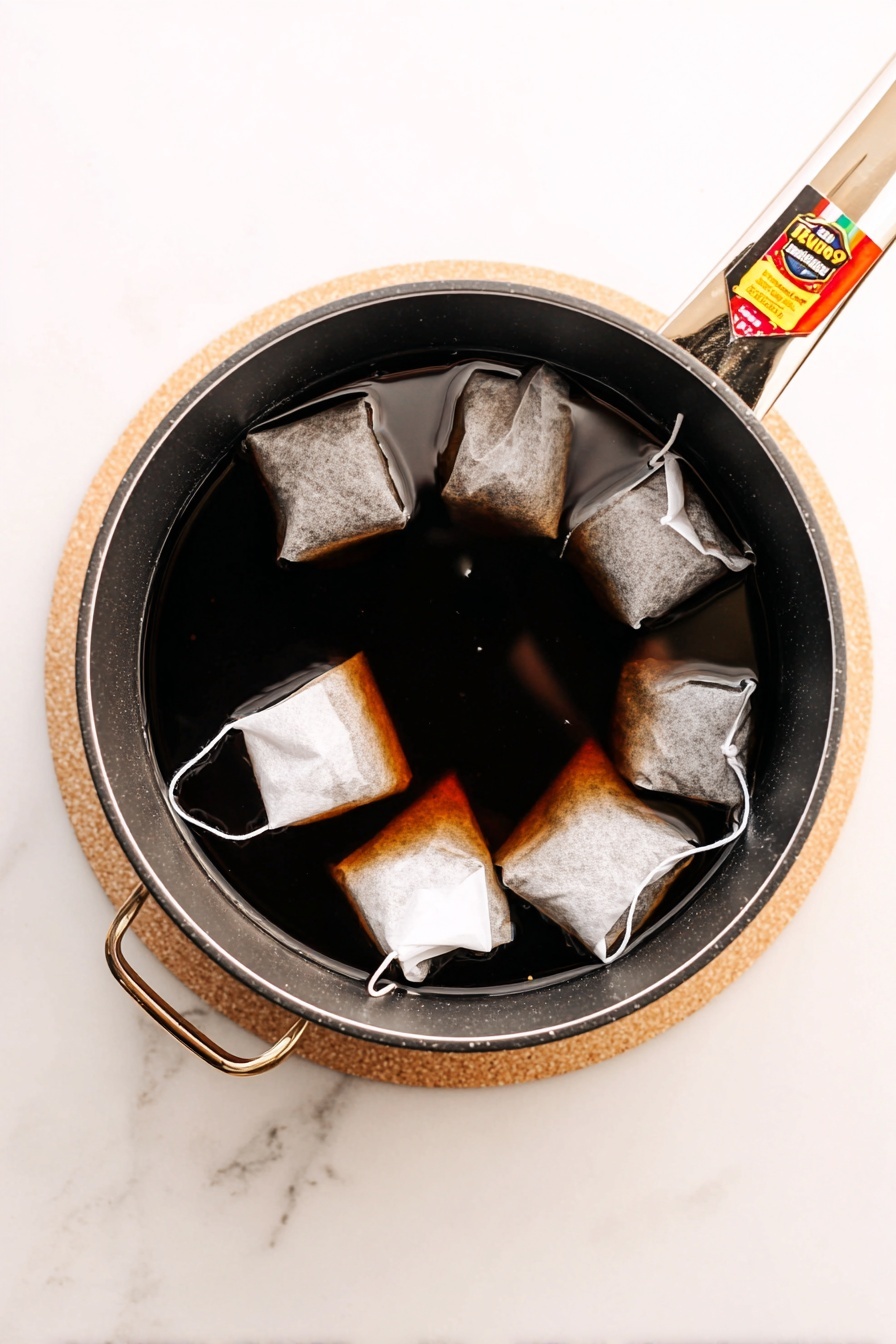 A black pot filled with dark liquid sits on a white marbled surface with a tan circular trivet underneath. Inside the pot, there are eight tea bags steeping, each partially submerged with white paper tags attached to white strings resting on the pot's rim on the right side. The tea bags create a cluster with some overlapping, showing the contrast of the white paper against the dark liquid. The handle of the pot extends to the right with a colorful tea tag attached. The whole scene is clean and bright with a clear top-down view. photo taken with an iphone --ar 2:3 --v 7