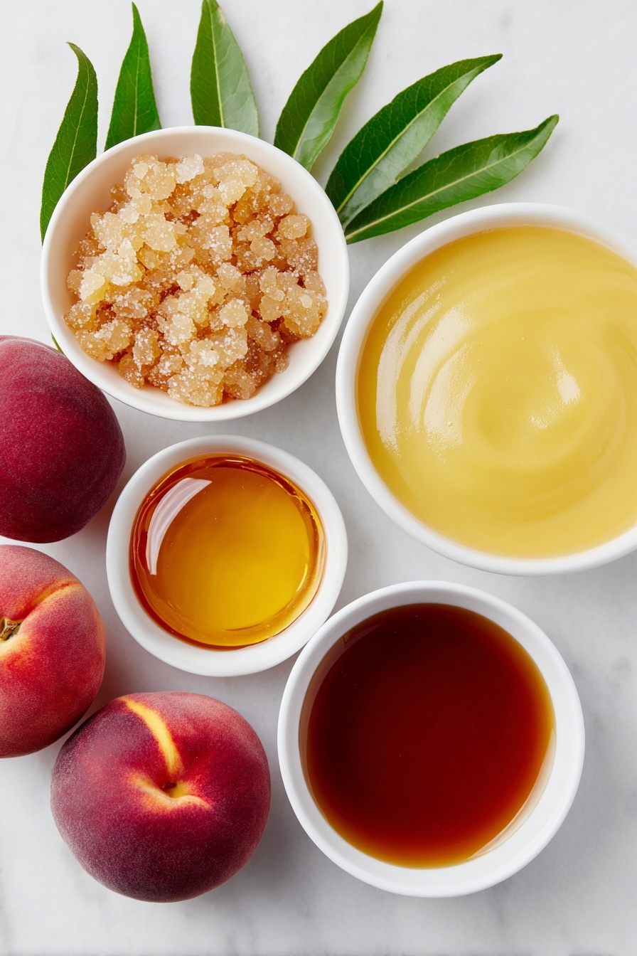 Flat lay of a few sprigs of fresh green tea leaves next to a large white ceramic bowl filled with golden brown sugar crystals, a small white ceramic bowl containing glossy amber honey, a large white ceramic bowl with smooth peach puree, several whole fuzzy fresh peaches, and a small white ceramic bowl of clear water placed beside them, all arranged symmetrically and balanced on a clean white marble surface, soft natural light, photo taken with an iPhone, professional food photography style, fresh ingredients, white ceramic bowls, no bottles, no duplicates, no utensils, no packaging --ar 2:3 --v 7 --p m7354615311229779997