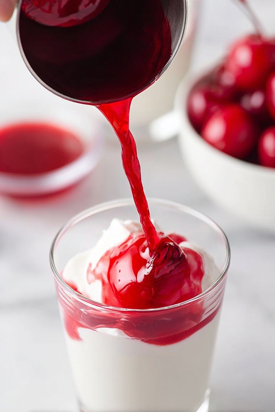 A clear glass filled with one layer of white, soft, creamy texture, with bright red syrup being poured from a metal cup onto the top, creating a flowing splash effect. In the background, slightly out of focus, is a white bowl containing bright red cherries and another bowl with bright red syrup, all set on a white marbled surface. A woman's hand holds the metal cup at the top left corner, tilting to pour the syrup down. photo taken with an iphone --ar 2:3 --v 7