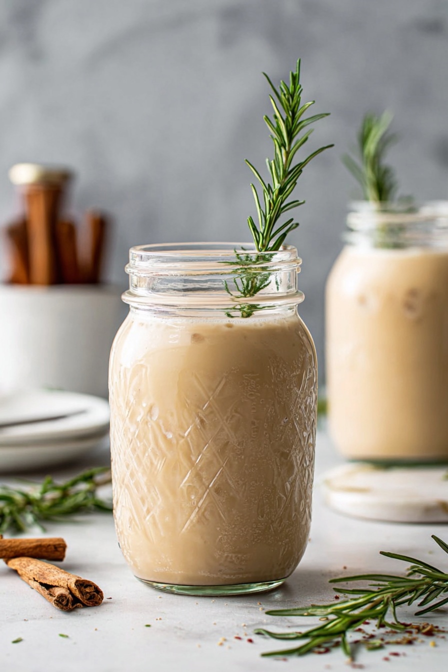 The image shows a light brown creamy drink inside a clear glass jar with embossed details; it is filled almost to the top and garnished with a small sprig of fresh green rosemary standing upright in the drink. The jar is placed on a light surface with scattered rosemary sprigs and a brown cinnamon stick near its base. In the background, another similar jar is partially visible, also containing the same drink and topped with a rosemary sprig. There is a white bowl and a white plate blurred in the background, along with another cinnamon stick. The surface has a white marbled texture with a simple, soft gray backdrop. Photo taken with an iphone --ar 2:3 --v 7
