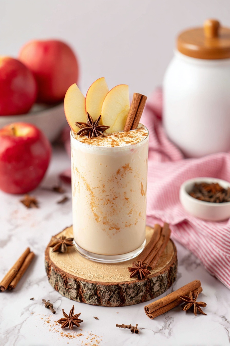 A tall clear glass filled with a creamy light beige drink that has a frothy top dusted with a light brown powder. On top, there are four thin, pale yellow apple slices arranged in a fan shape, leaning to one side. A whole brown cinnamon stick and two star anise pods sit next to the apple slices as garnish. The glass is placed on a round wooden coaster with rough bark edges. Around it, there are scattered star anise pods and cinnamon sticks on a white marbled surface. In the background, there are whole red apples, a white container with a wooden knob lid, a small bowl of star anise, and a pink striped cloth. Photo taken with an iphone --ar 2:3 --v 7