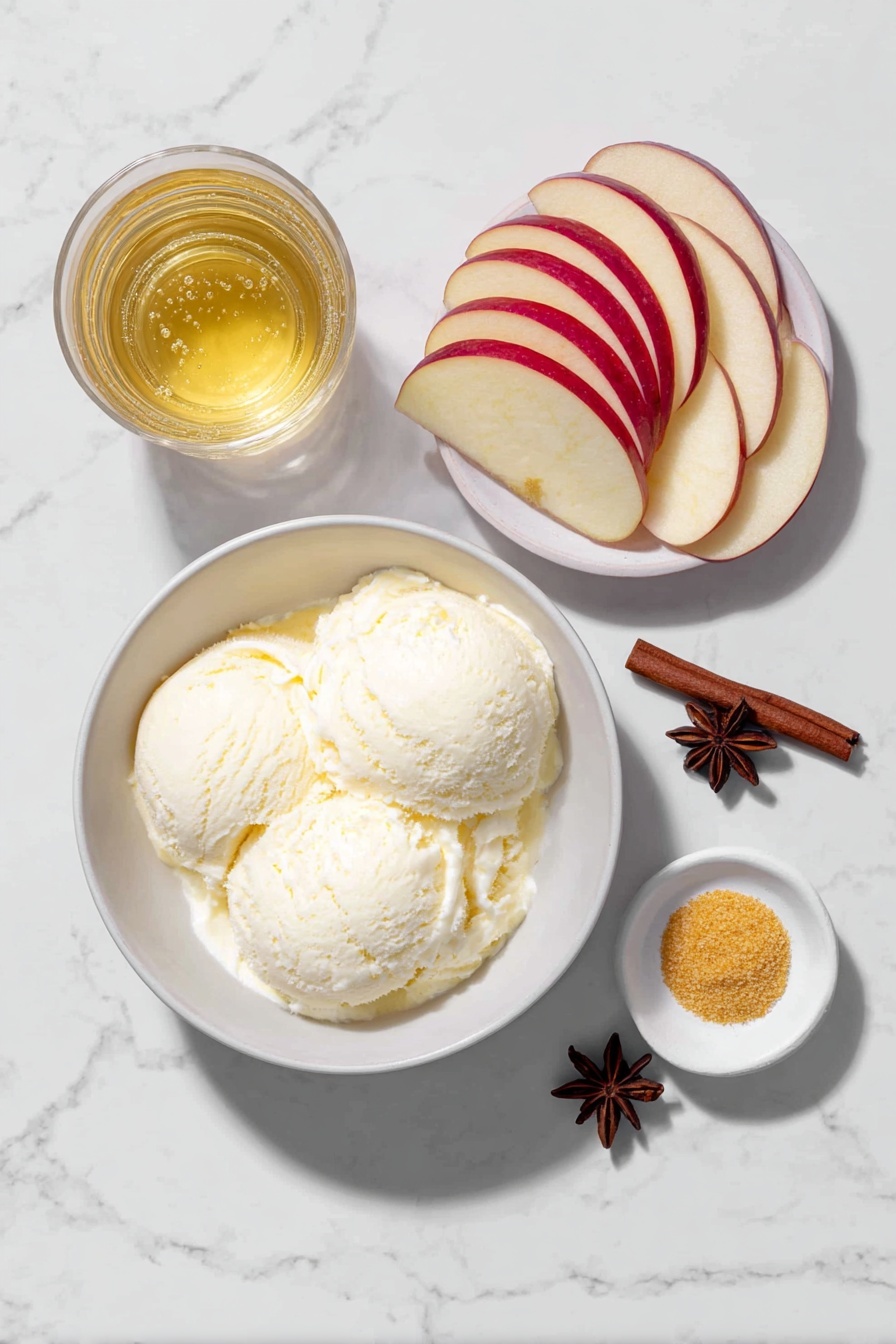 Flat lay of a scoop of creamy vanilla bean ice cream in a simple white ceramic bowl, a small white bowl filled with cold sparkling apple cider, thin fan-shaped slices of bright red apple arranged neatly on the side, a single smooth cinnamon stick lying next to a dark brown whole star anise, and a small white bowl containing a sprinkling of golden cinnamon sugar, all placed on a clean white marble surface, soft natural light, photo taken with an iPhone, professional food photography style, fresh ingredients, white ceramic bowls, no bottles, no duplicates, no utensils, no packaging --ar 2:3 --v 7 --p m7354615311229779997