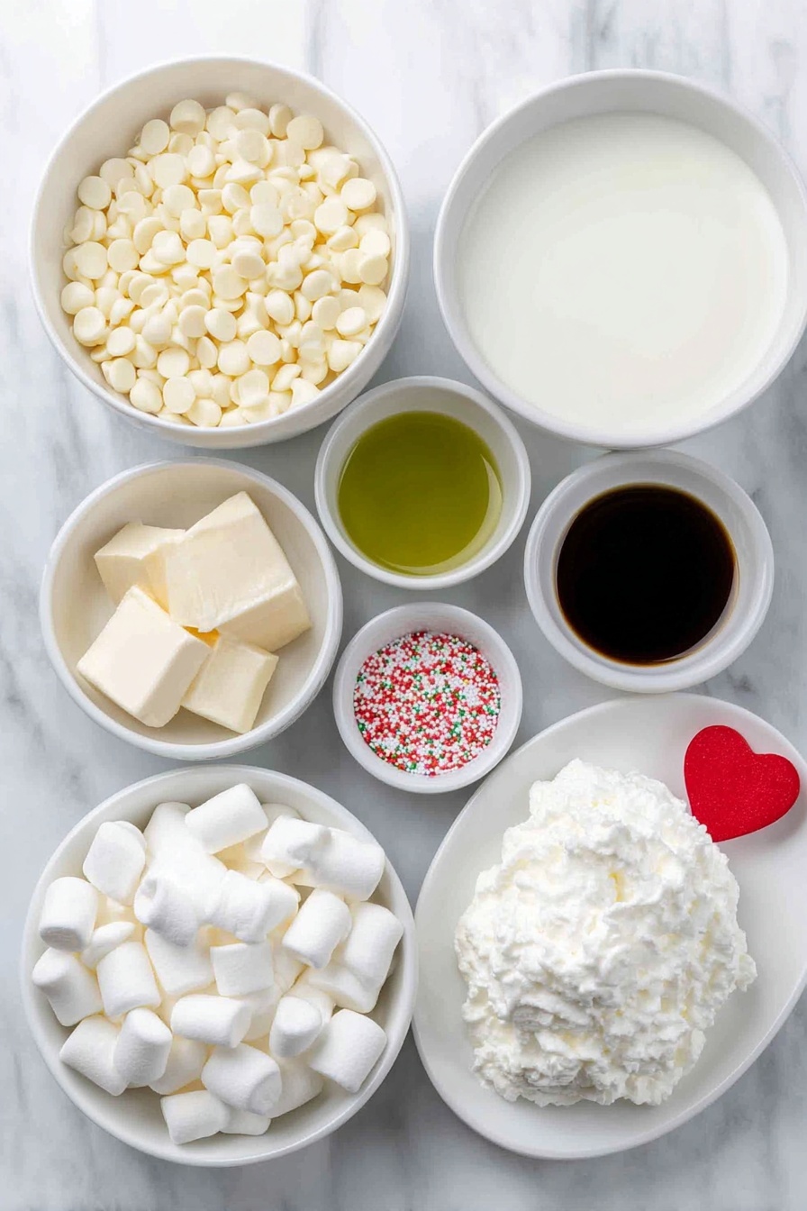 Flat lay of a small bowl of white chocolate chips, a can of sweetened condensed milk opened to show creamy texture, a large simple white ceramic bowl filled with fresh whole milk, another bowl with rich heavy cream, a tiny white bowl of clear peppermint extract, a small white bowl containing pale yellow vegetable oil, a small white bowl with vivid green gel food coloring, a neat pile of white mini marshmallows, a generous dollop of fluffy whipped topping on a white plate, colorful round and star-shaped sprinkles scattered lightly on a white dish, a single red candy heart resting on a white ceramic plate placed on a clean white marble surface, soft natural light, photo taken with an iPhone, professional food photography style, fresh ingredients, white ceramic bowls, no bottles, no duplicates, no utensils, no packaging --ar 2:3 --v 7 --p m7354615311229779997