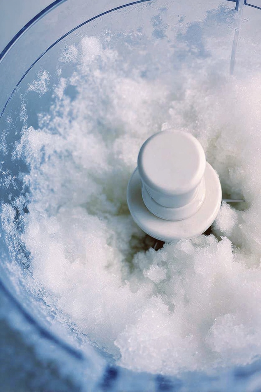 The image shows a clear glass filled with a two-layer frozen drink on a white marbled surface. The bottom layer is creamy white and smooth, filling about half the glass. The top layer is a light pink-orange slushy texture, looking icy and fluffy, with some small bubbly spots visible. The top layer slightly blends into the bottom one but keeps a clear division. The glass sits on a white and gray striped straw, and the background is softly blurred with hints of the same drink and a lemon slice nearby. Photo taken with an iphone --ar 2:3 --v 7