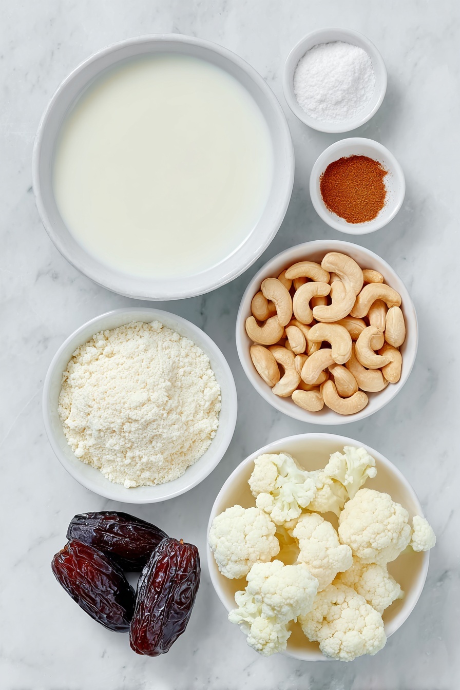 Flat lay of a small white ceramic bowl of unsweetened cashew milk, a white ceramic bowl with a scoop of unflavored protein powder, a small white bowl of frozen cauliflower florets, two whole pitted medjool dates, a small pile of raw cashews arranged neatly on the surface, a tiny white bowl of pure vanilla extract, and a pinch of ground cinnamon lightly spread beside it, all arranged with perfect symmetry and realistic proportions, placed on a clean white marble surface, soft natural light, photo taken with an iPhone, professional food photography style, fresh ingredients, white ceramic bowls, no bottles, no duplicates, no utensils, no packaging --ar 2:3 --v 7 --p m7354615311229779997