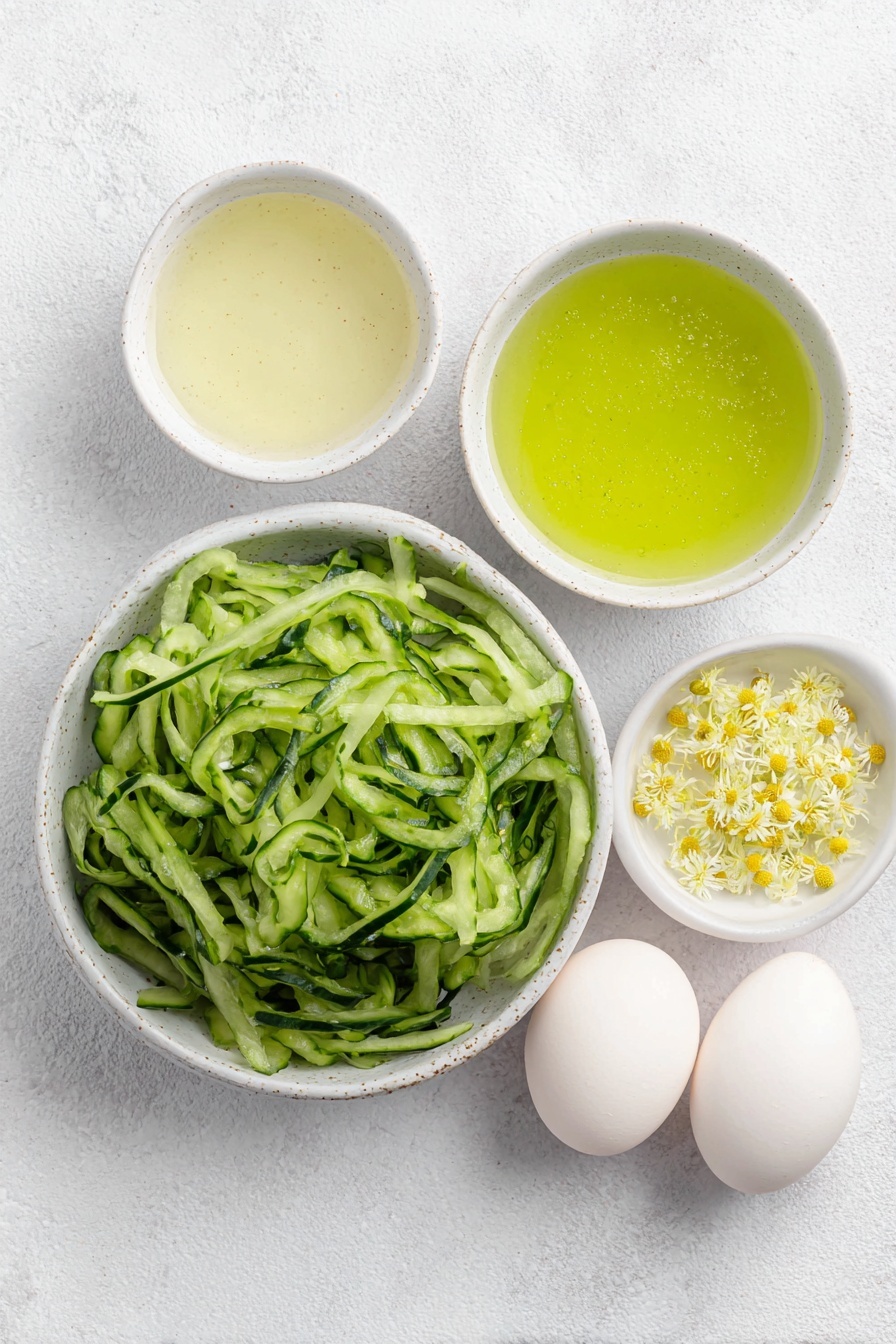 Flat lay of fresh whole cucumbers sliced into thin ribbons, a small white ceramic bowl filled with vibrant green cucumber juice, another small white bowl with pale golden elderflower syrup, a simple white bowl containing bright green lime juice, a small white bowl of clear sparkling soda water with delicate bubbles, uncracked whole brown eggs absent as none needed, a few delicate edible flowers scattered artfully alongside lime wheels, all arranged symmetrically in perfect proportions on a clean white ceramic plate and bowls, placed on a clean white marble surface, soft natural light, photo taken with an iPhone, professional food photography style, fresh ingredients, white ceramic bowls, no bottles, no duplicates, no utensils, no packaging --ar 2:3 --v 7 --p m7354615311229779997