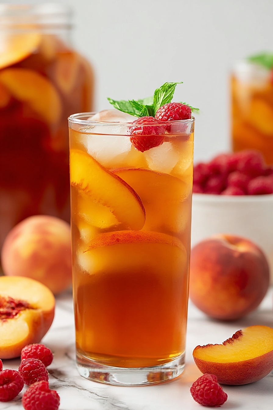 A tall clear glass filled with amber-colored iced tea has multiple thin peach slices inside, with larger peach slices placed along the rim on the right side. Three bright red raspberries and a small green mint leaf rest on top of the ice and liquid, adding contrast. The glass sits on a white marbled surface surrounded by whole peaches, peach slices, and scattered raspberries. In the blurred background, there is a large glass jar filled with the same iced tea and another glass of iced tea with similar garnishes. The whole setup is bright and fresh, with natural colors making the drink look refreshing and inviting. Photo taken with an iphone --ar 2:3 --v 7
