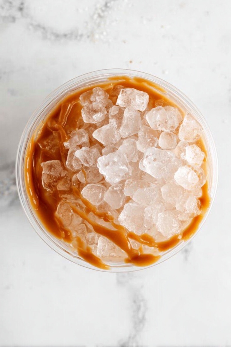 The image shows a clear glass filled fully with small, clear ice cubes. Around the inside edge of the glass, a thick layer of caramel sauce is spread unevenly, creating a contrast with the ice. The glass sits on a white marbled surface, which adds a clean and simple background to highlight the glass and its contents. photo taken with an iphone --ar 2:3 --v 7
