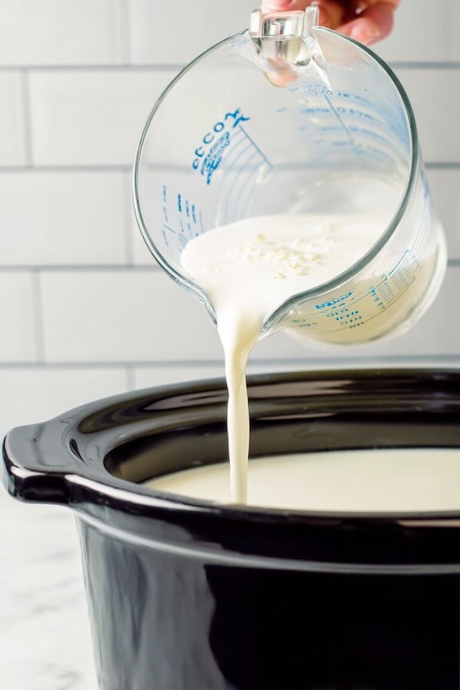 A close-up image shows a woman's hand pouring a thick white liquid from a glass measuring cup into a slow cooker filled with more of the same liquid. The slow cooker is black with a smooth texture, while the background is a white marbled surface and white tiles with grout lines. The measuring cup is clear glass with blue measurement markings and a shiny handle, tilted to pour the liquid in a smooth stream. The liquid looks creamy and smooth. photo taken with an iphone --ar 2:3 --v 7