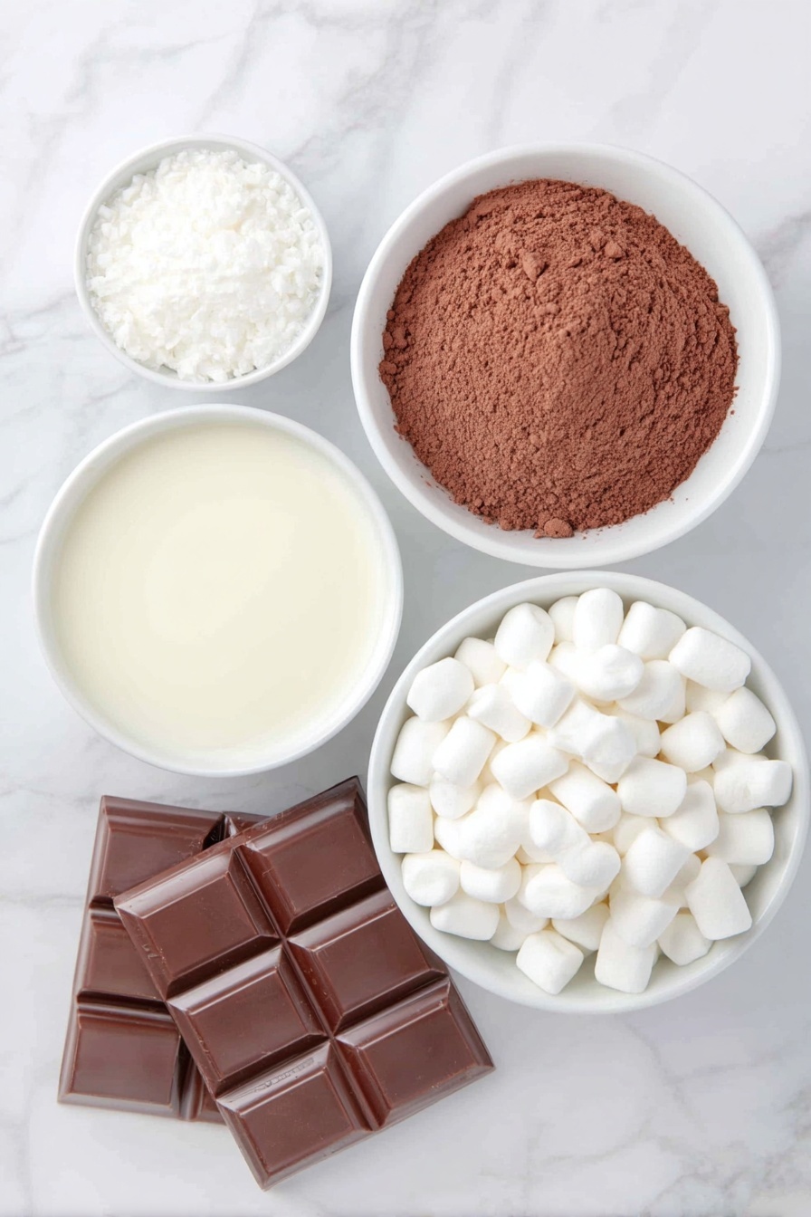 Flat lay of a small white bowl of rich cocoa powder, two broken semi-sweet chocolate bars with glossy surfaces, a larger white bowl filled with creamy sweet cream creamer, a medium white bowl holding smooth half and half, and a simple white bowl heaped with fluffy mini marshmallows, all arranged in perfect symmetry on a clean white marble surface, soft natural light, photo taken with an iPhone, professional food photography style, fresh ingredients, white ceramic bowls, no bottles, no duplicates, no utensils, no packaging --ar 2:3 --v 7 --p m7354615311229779997