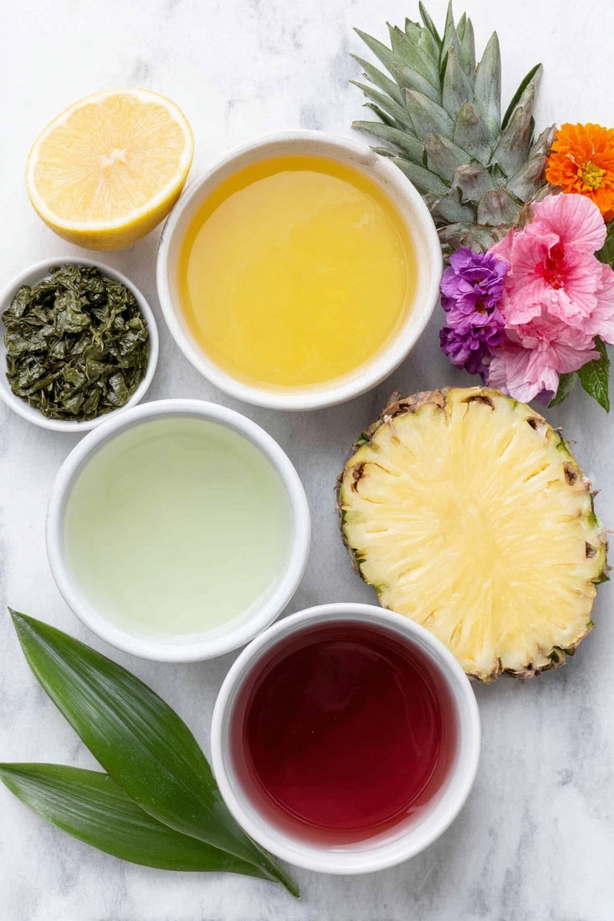 Flat lay of a small white bowl of bright golden mango puree, a small white bowl filled with fresh yellow pineapple juice, a small white bowl of clear coconut water, a small white bowl containing deep red hibiscus tea, a few vibrant green pineapple fronds, a halved ripe lemon with bright yellow flesh, and a small cluster of colorful edible flowers, all arranged with perfect symmetry on a clean white marble surface, soft natural light, photo taken with an iPhone, professional food photography style, fresh ingredients, white ceramic bowls, no bottles, no duplicates, no utensils, no packaging --ar 2:3 --v 7 --p m7354615311229779997