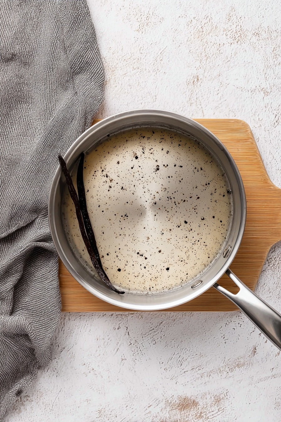 A top view of a silver pan with a smooth metallic texture, placed on a light wooden board. Inside the pan, there is a single dark brown vanilla bean resting near the edge. The pan contains a clear liquid with tiny black specks scattered throughout. A soft gray cloth is partially visible on the left side, and the whole scene is set on a white marbled textured surface. photo taken with an iphone --ar 2:3 --v 7