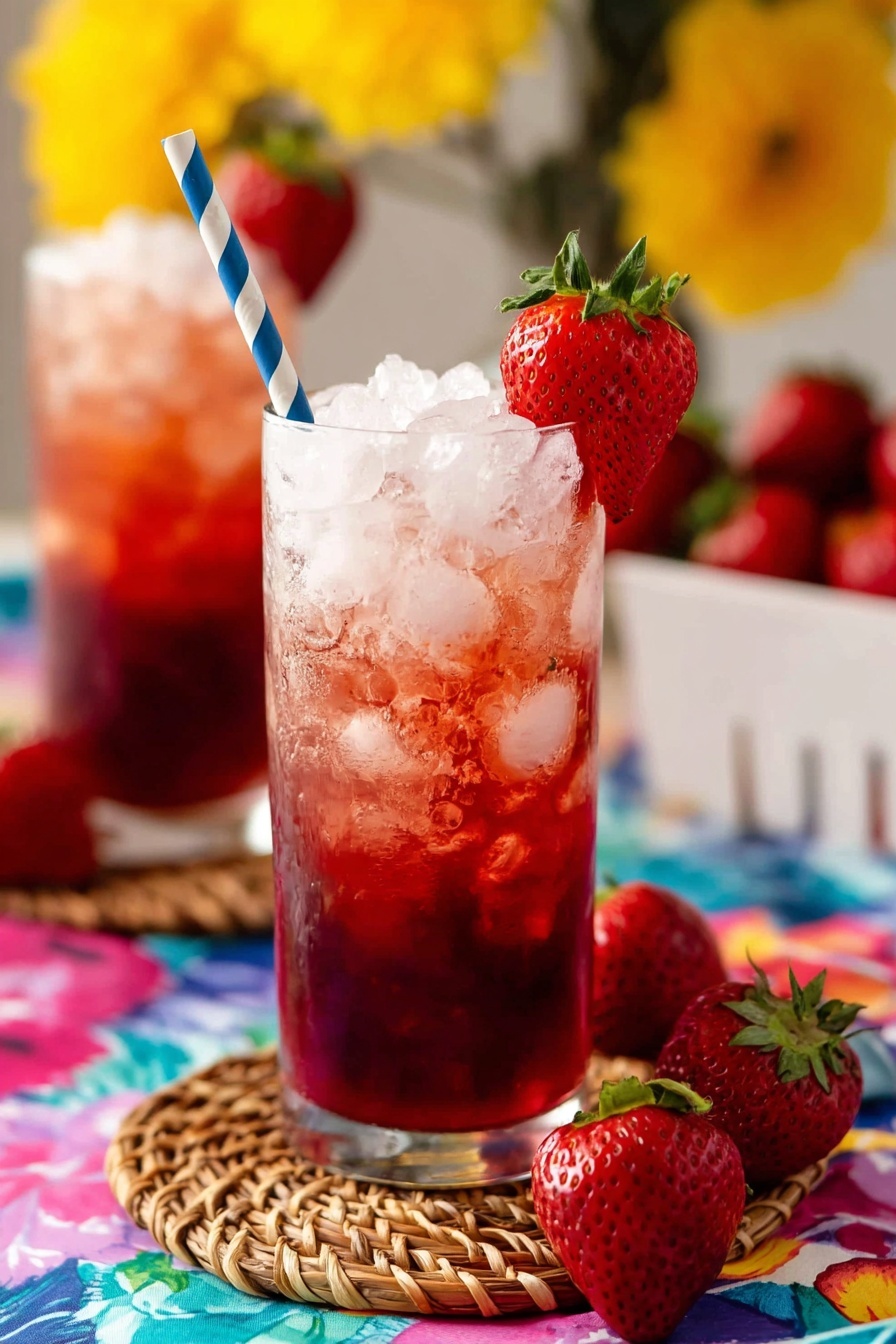 A tall clear glass filled with finely crushed ice on the top half and dark red liquid on the bottom half, garnished with a halved fresh strawberry with green leaves on the rim, and a striped blue and white straw poking through the strawberry; the glass sits on a round woven coaster on a bright, colorful floral cloth with loose strawberries around the base, while a white container of strawberries and a blurred yellow flower are in the background; another similar glass is seen softly out of focus behind the first one; photo taken with an iphone --ar 2:3 --v 7