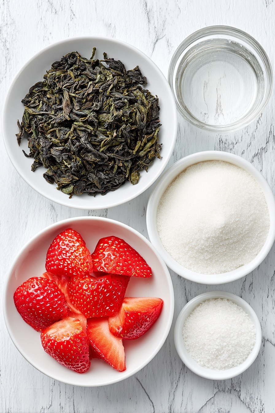 Flat lay of fresh whole black tea leaves in a small white ceramic bowl, a small white bowl filled with granulated sugar, a small white bowl containing fresh sliced bright red strawberries, a small white bowl with clear water, and a small white bowl with fine white baking soda powder, all ingredients arranged symmetrically and naturally on a clean white marble surface, soft natural light, photo taken with an iPhone, professional food photography style, fresh ingredients, white ceramic bowls, no bottles, no duplicates, no utensils, no packaging --ar 2:3 --v 7 --p m7354615311229779997