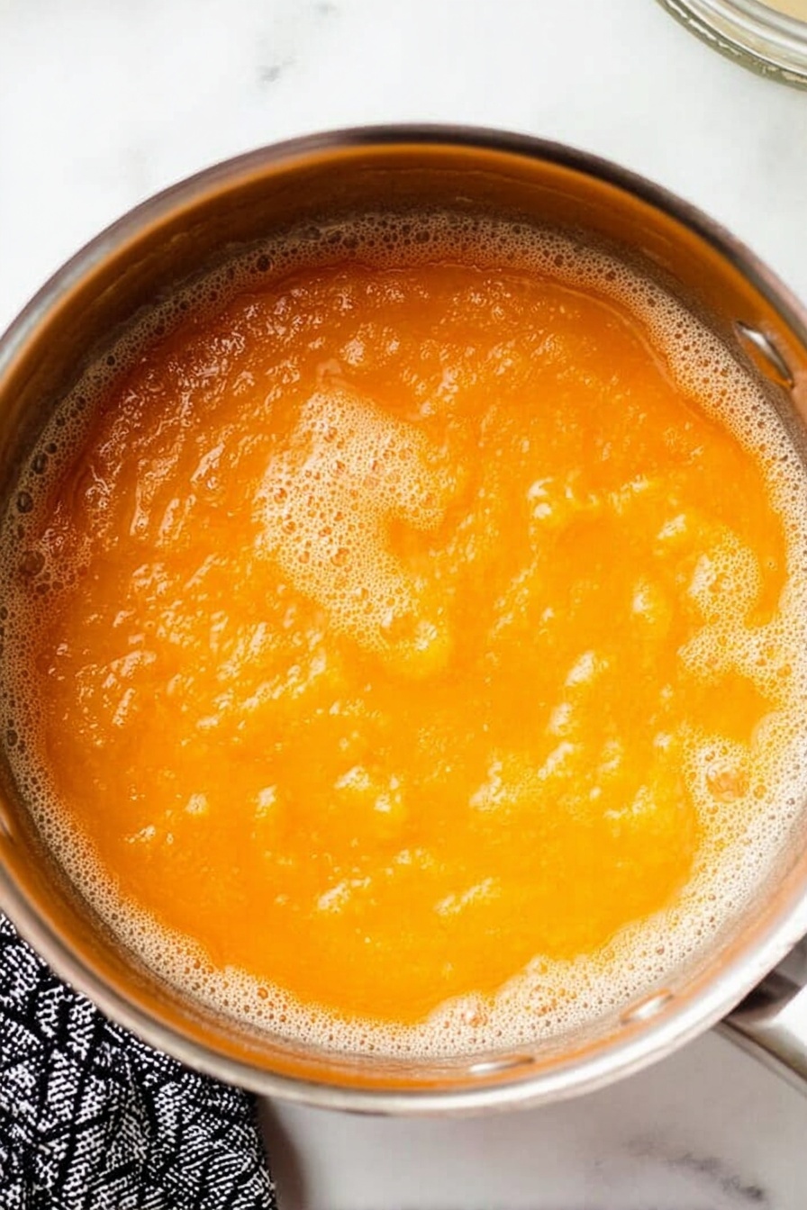 A close-up top view of a stainless steel pan filled with bright orange, bubbling, soft textured mixture cooking on the stove. The mixture looks thick and slightly chunky with a glossy wet appearance. The outer edges of the pan show some foam and light bubbling around the orange mixture, indicating heat and cooking action. The pan rests on a white marbled surface with a black and white patterned cloth partially visible next to it. Photo taken with an iphone --ar 2:3 --v 7