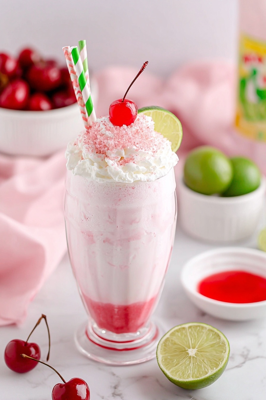 A tall clear glass holds a pink and white layered milkshake, with a thicker pink layer at the bottom and a frothy lighter pink and white foam on top. The top layer is covered with white whipped cream sprinkled with pink sugar crystals, garnished with a red cherry and a green lime wedge. Two striped paper straws, one green and white and the other pink and white, stand inside the glass. Around the glass are a halved lime, a white bowl filled with red cherries, and another white bowl with bright red syrup. The background has a soft pink cloth, all placed on a white marbled surface. Photo taken with an iphone --ar 2:3 --v 7