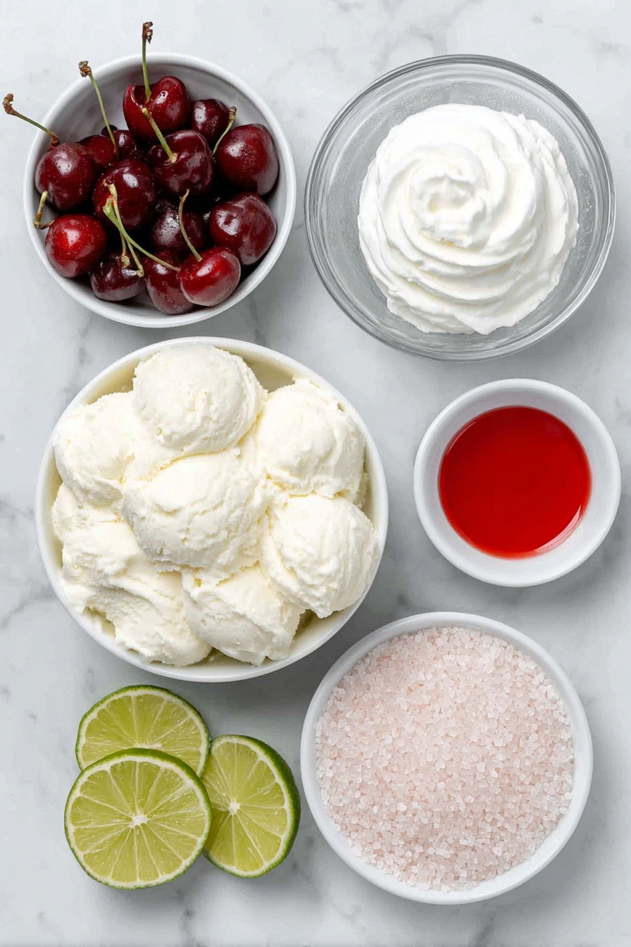 Flat lay of a scoop of fresh creamy vanilla ice cream in a simple white ceramic bowl, a small white bowl filled with bright red grenadine syrup, a small white bowl containing clear lemon-lime soda with visible tiny bubbles, a few glossy maraschino cherries without stems, two fresh lime wedges with vibrant green skin and juicy pulp, a small white bowl with a dollop of smooth whipped topping, and a small white bowl filled with sparkling pink sanding sugar crystals, all arranged in perfect symmetry on a clean white marble surface, soft natural light, photo taken with an iPhone, professional food photography style, fresh ingredients, white ceramic bowls, no bottles, no duplicates, no utensils, no packaging --ar 2:3 --v 7 --p m7354615311229779997