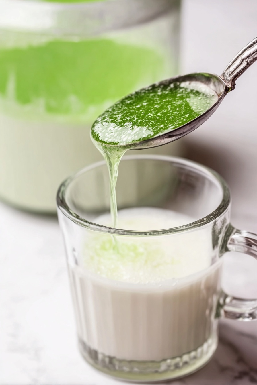 The image shows a close-up of a transparent glass mug filled with a creamy white drink. Above it, a large metal ladle holds a bright green liquid with a slightly thick texture, dripping slowly into the mug. In the background, a blurred larger glass container filled with the same white creamy drink is visible. The scene is set on a white marbled surface, giving a clean and fresh look. The colors contrast clearly between the white creamy base and the vibrant green topping. Photo taken with an iphone --ar 2:3 --v 7
