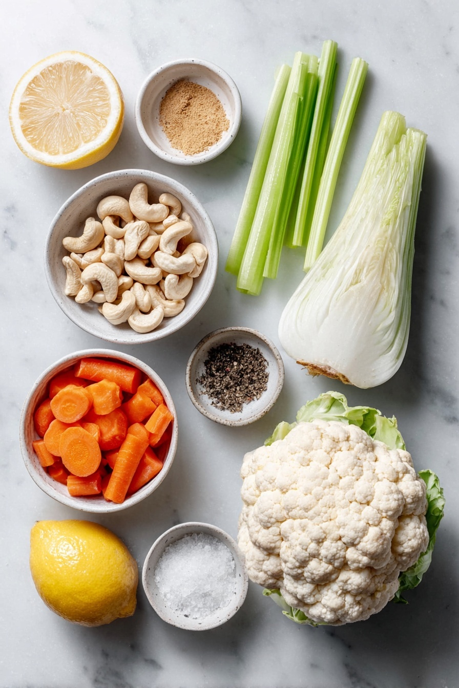 Flat lay of raw cashews scattered beside a small white ceramic bowl filled with clear water, fresh cauliflower florets, bright orange carrot chunks, a crisp celery stalk, a single green onion with white and green parts visible, a quarter of a peeled lemon showing its juicy pale yellow flesh, a small white bowl containing ground cumin powder, another small bowl with coarse sea salt crystals, and a third small bowl holding freshly ground black pepper, all placed with perfect symmetry on a clean white marble surface, soft natural light, photo taken with an iPhone, professional food photography style, fresh ingredients, white ceramic bowls, no bottles, no duplicates, no utensils, no packaging --ar 2:3 --v 7 --p m7354615311229779997